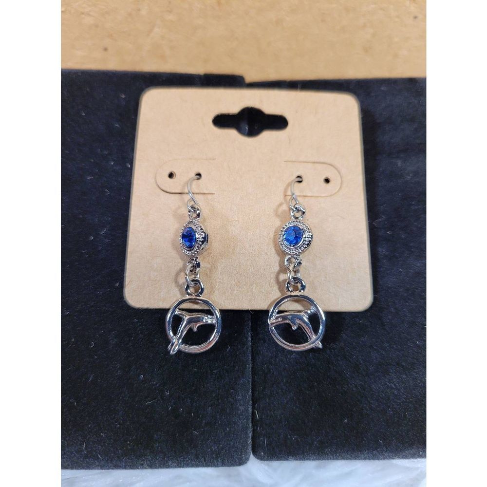 (3 for $15) Joma Silvertone Dolphin Dangle Earrings with Blue Australian Crystal